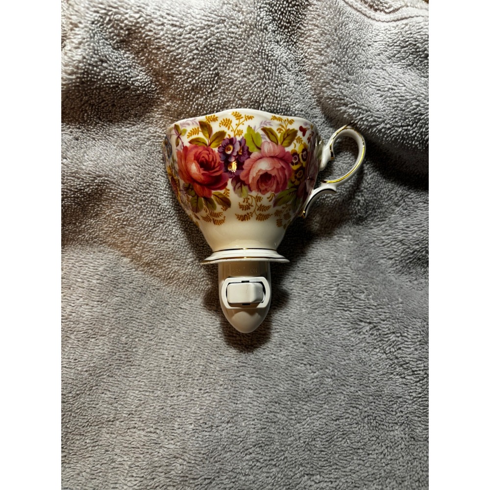 Handcrafted Vintage Floral Porcelain Teacup Night Light Plug In Rose Gold Trim